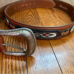 Wrangler Brown Leather Belt with Intricate Silver Buckle